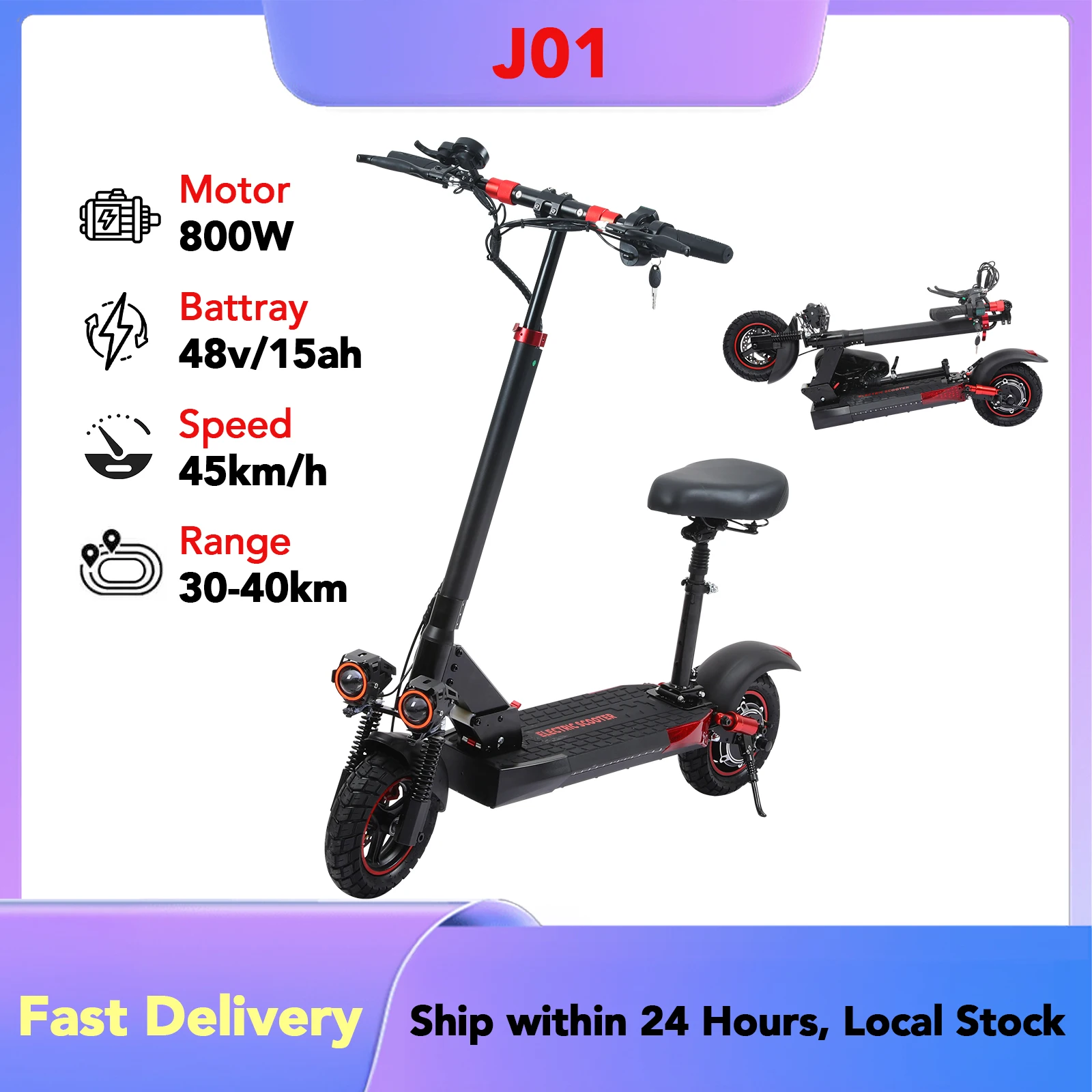 Trottinette électrique J01, moteur 800W, batterie 48V15AH avec siège, trottinette électrique pour adultes, 45KM/H, 35KM, pneus de 10 pouces, trottinettes pliables pour la ville