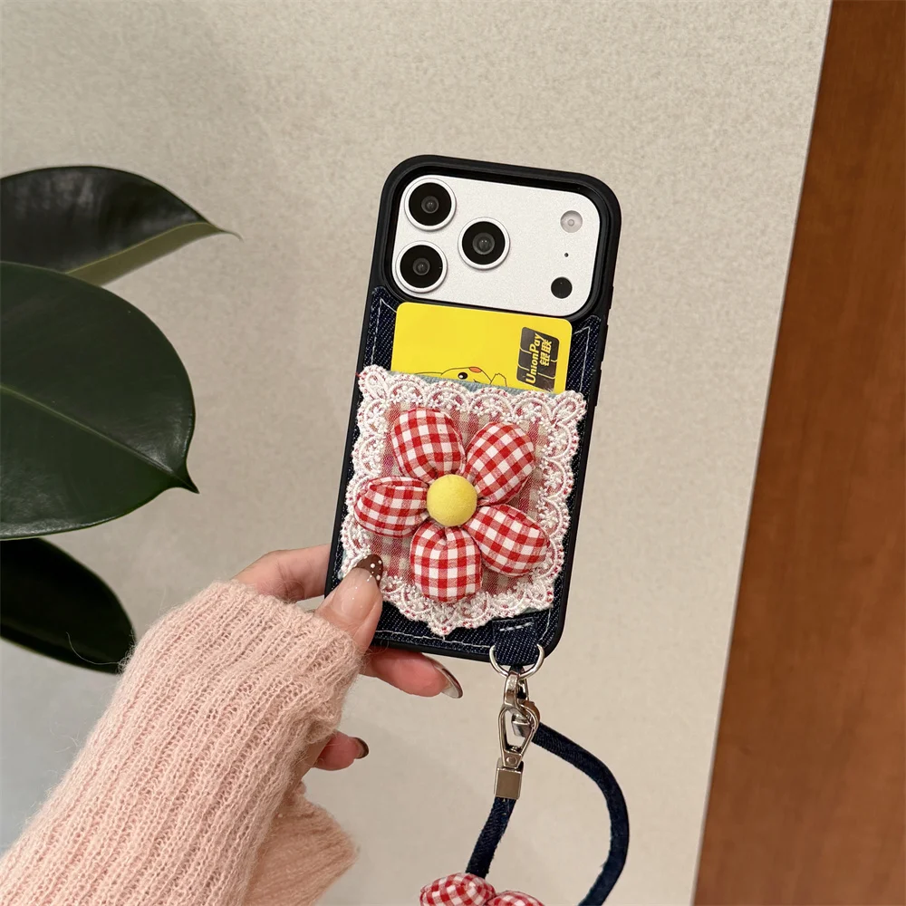 

New denim lace small flower card strap hanging phone case suitable for iPhone 17 Pro, 13, 14, 15, 16 Promax anti fall fashion