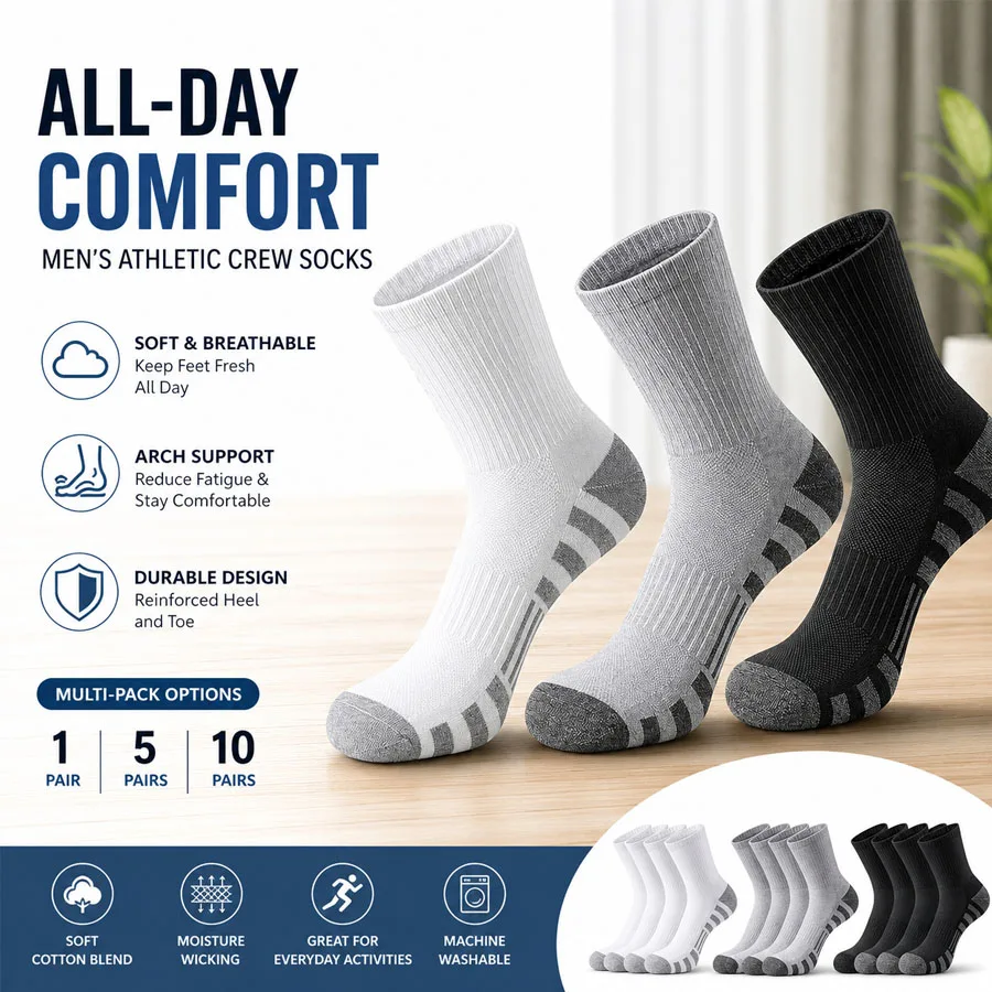 10/5/1 Pairs of Unisex Mid-Calf Socks – Breathable Pure Cotton Solid-Color Athletic/Running Socks; Suitable as a Birthday Gift