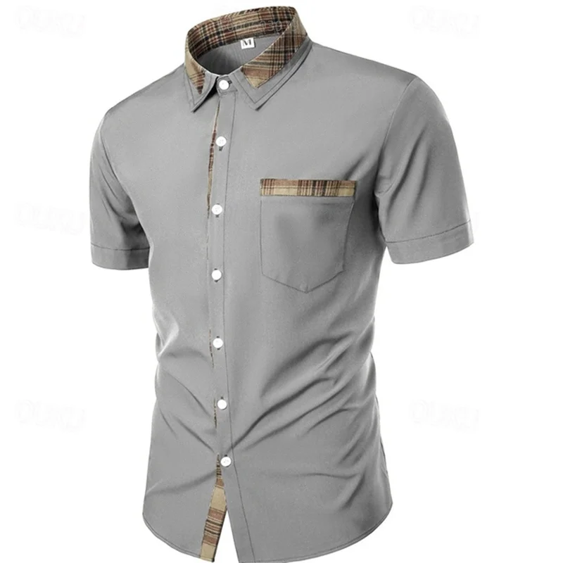 

Men's formal button-down shirt, wedding dress, casual top, military green/grey short-sleeved collared patchwork shirt