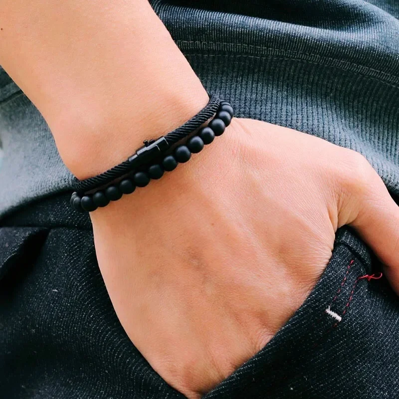 AliExpress Cool Motorcycle Accessories For Men 2Pcs/Set Magnetic Clasp Grade A Rope Cycling Braslet 6mm Onyx Stone Beaded Braclet Homme