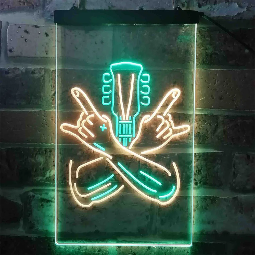 Custom Neon Sign Rock Music Guitar Dual Color LED Neon Light Rock Hands Guitarist Metal Hard Rock Music Dual-color LED Neon Sign