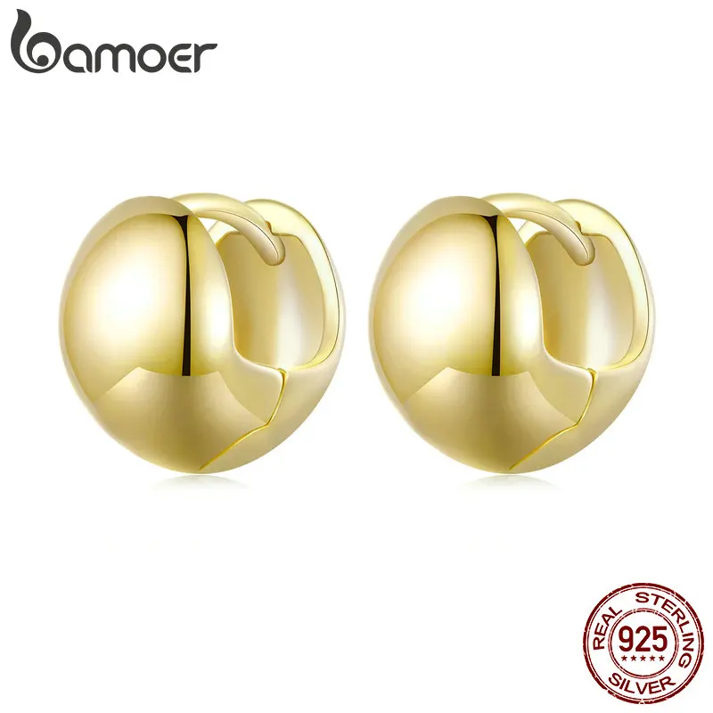 Bamoer 925 Sterling Silver Fashion Round Ball Hoop Earrings Plated Gold Mirror Slap Piercing Ear Buckles for Women Fine Jewelry