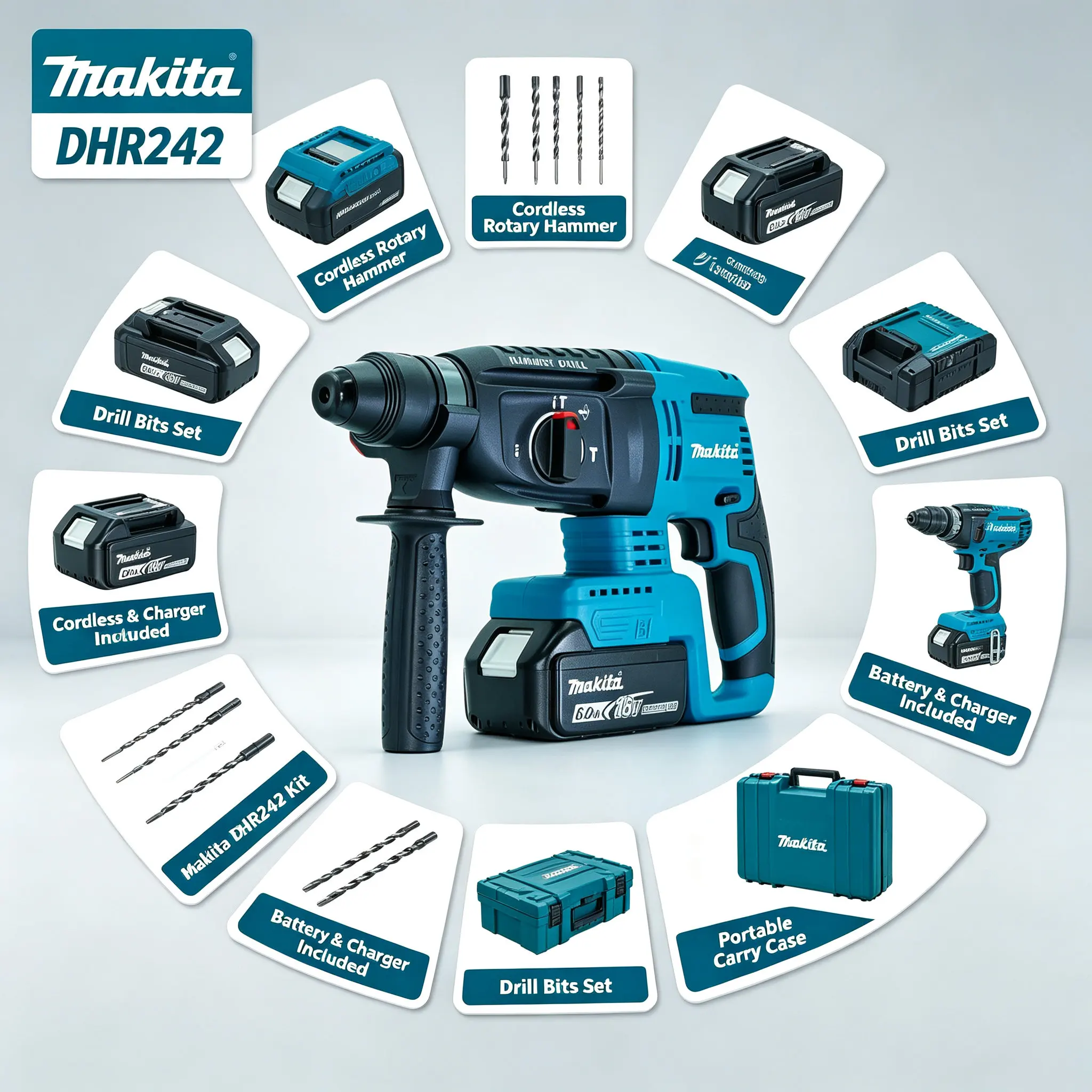 Makita DHR242 18V Akku-Bohrhammer mit SDS-Plus, 13,5 m/s² vibrationsreiner Betrieb, Modi Bohren / Bohren mit Schlagfunktion / Bohren mit Schlagfunktion, ideal für Langzeitbohrarbeiten für Handwerker