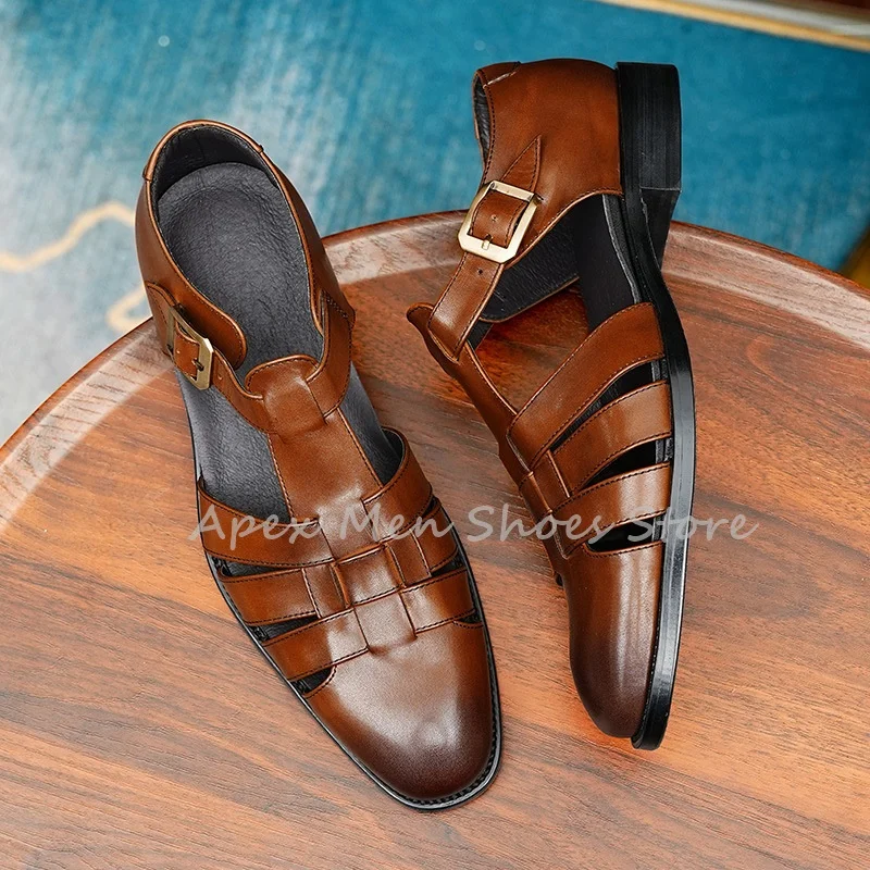 

Vintage Brown Cow Leather Sandals Buckle Straps Braid Breathable Men's Shoes Summer Hollow Casual Footwear for Men Daily