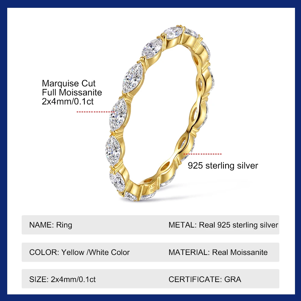 0.1CT Each Marquise Moissanite Ring 14K Gold Plated S925 Sterling Silver Full Eternity Stackable Band for Women Wedding Jewelry