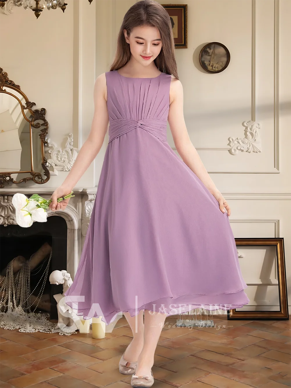 GFJ Kids Elegant Junior Bridesmaid Dress Chiffon Square Tea-Length Flower Girl Gown A Line Sleeveless Wedding Party Girls Formal