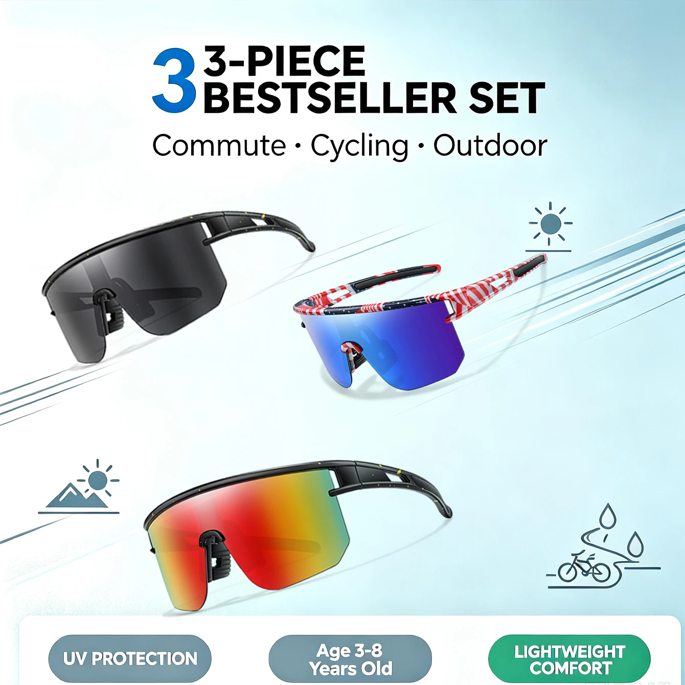 3-PACK Kids UV400 Baseball Sunglasses for Boys & Girls Age 3‑8, Youth Sports Eyewear for Bicycle, MTB Bike & Camping