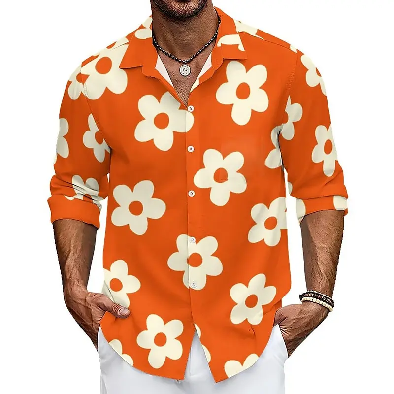 Floral Daisy Casual Men\'s Shirt Casual Wear Casual Spring and Summer Loose Long Sleeve Purple, Orange Stretch Fabric Shirt