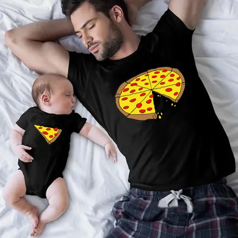 T-Shirt imprimé Pizza drôle pour père, mère et enfant, body pour bébé, en coton, tenues d'été assorties pour la famille, vêtements assortis pour maman et papa
