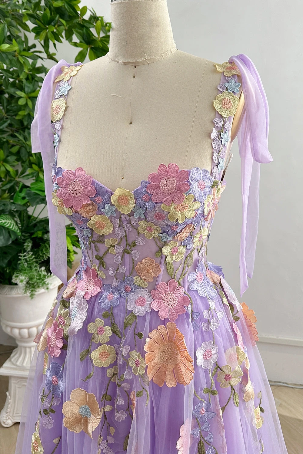 Cute A-line 3D Floral Embroider Bow Mini Long Prom Dress with Removable Straps Party Dress Homecoming Dress vestidos Party Gowns