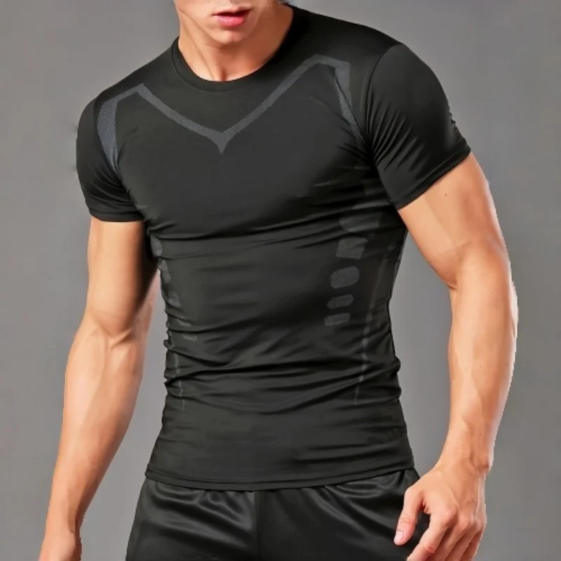 Men 3D Muscle Line Compression T Shirt Quick Dry Stretch Short Sleeve Gym Workout Muscle Fit Tees Running Training Athletic Spor