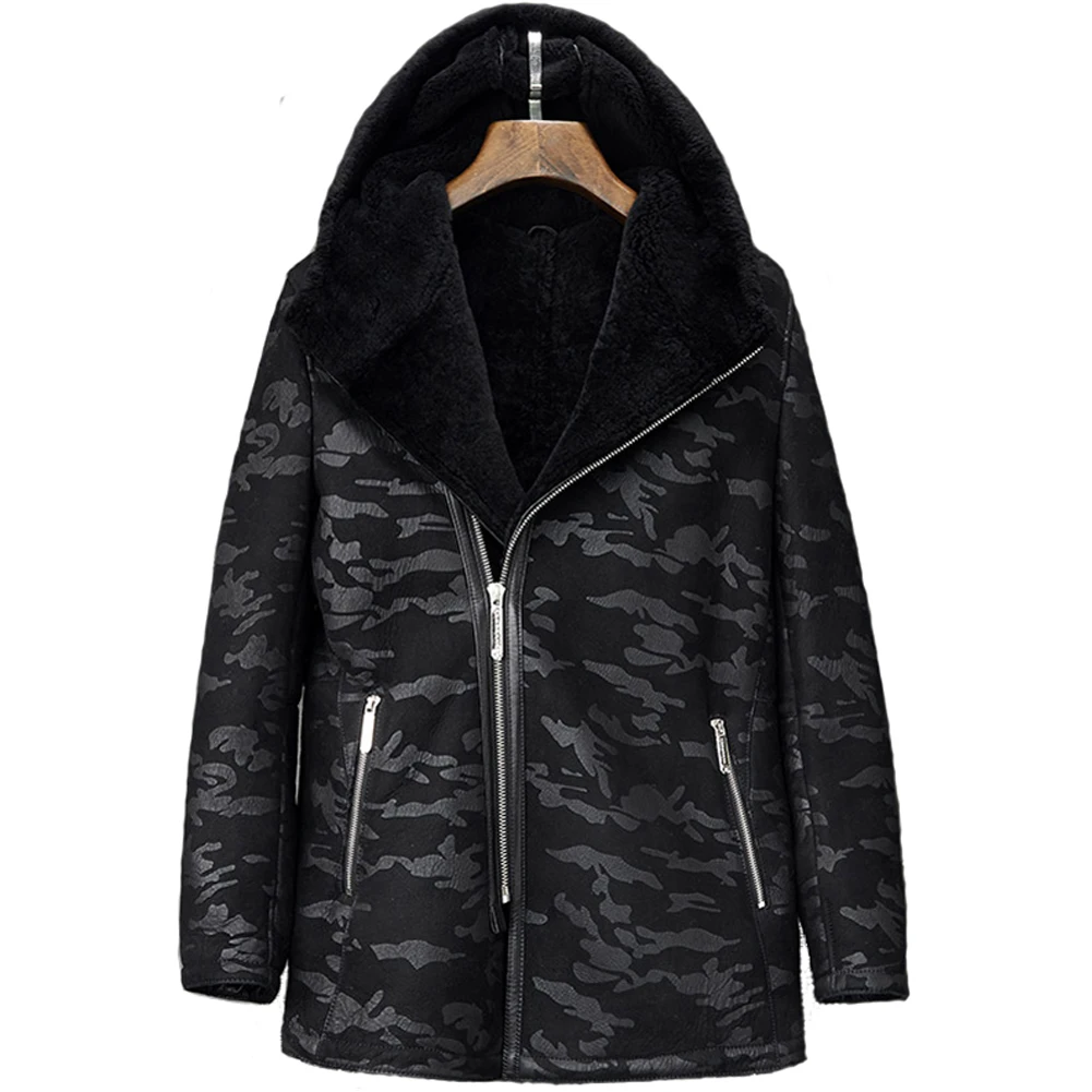 

Denny&Dora Hooded Shearling Coat Mens B7 Bomber Jacket Long Fur Coat Black Camouflage Overcoat