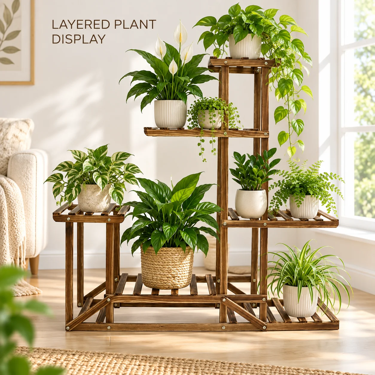 6 Level Wooden Plant Stand Natural Pine Multi Tier Flower Pot Display Shelf 95cm Wide Storage Rack for Indoor Balcony Patio