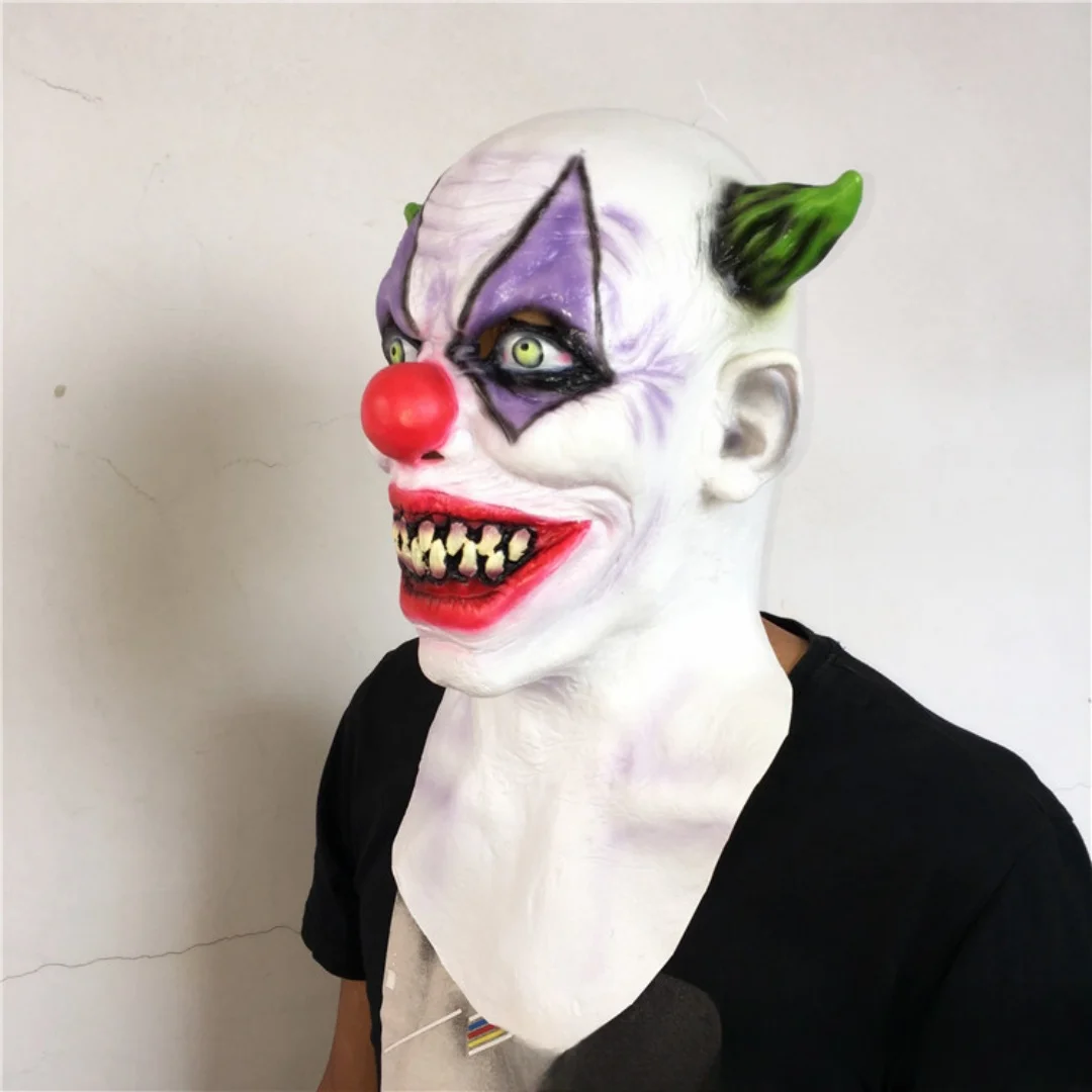 Cosplay Evil Joker Maschera Horror Killer Clown Maschere a pieno facciale in lattice Creepy Green Horned Red Nose Clown Copricapo Halloween Prop