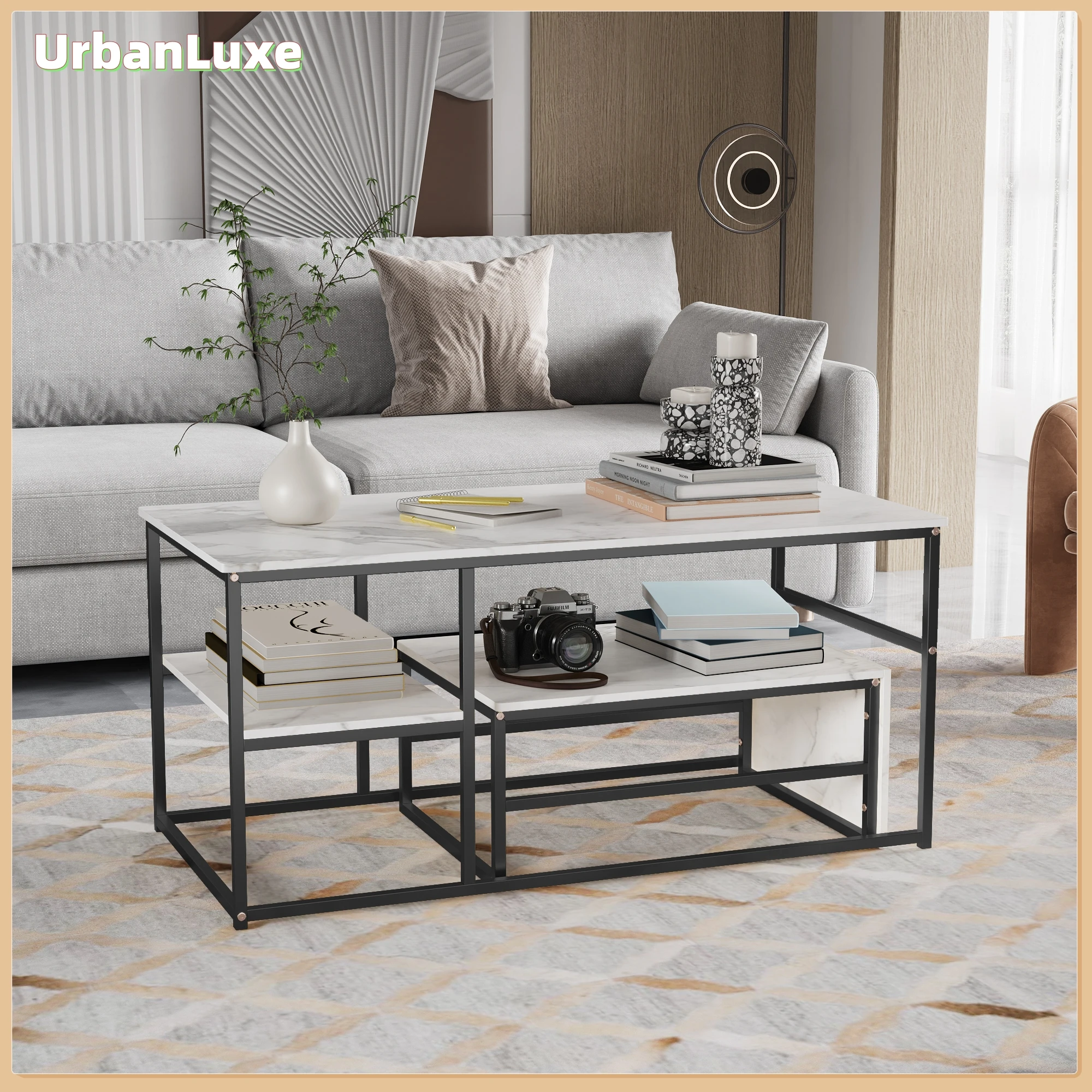 UrbanLuxe Couchtisch, Marmorplatte, Wohnzimmertisch, Couchtisch mit Stauraum, Moderner Couchtisch, schwarze Beine, weiße Platte