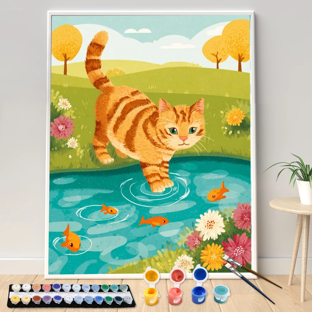 

Digital Acrylic Painting Kit DIY Orange cat playing in the wa Hand Art Canvas Hand Painted Home Decor Personalized Surprise Gift