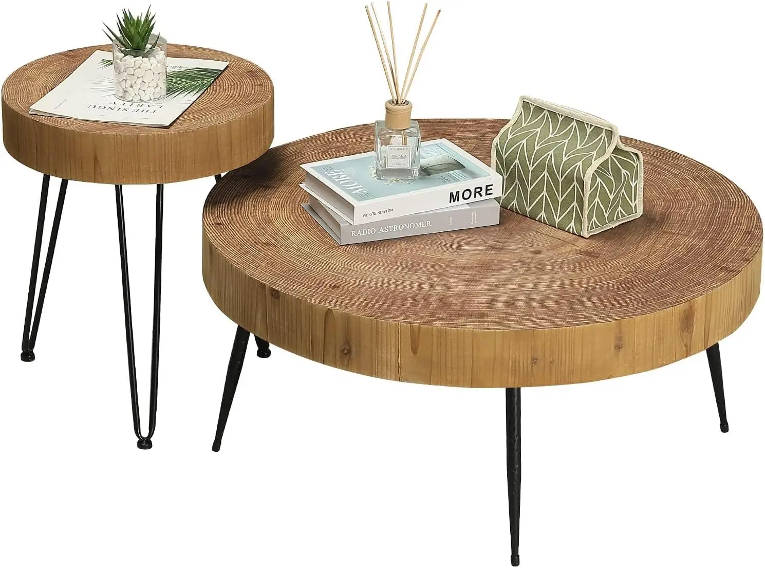 Farmhouse Round Coffee Table Set of 2, Cocktail Table Sets Modern Circle Natural Wood Finsh, Metal Leg, Rustic Side and End Table Sets, 2-Piece Nesting Center Tables for Living Room