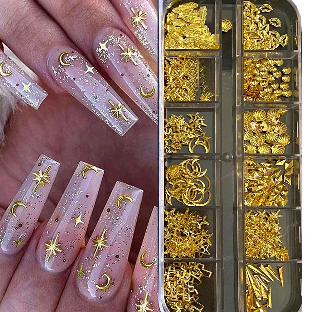 12 grilles lune étoile ongles or métallique ongles paillettes breloques 3D Nail Art conseils décoration 3D métal lune étoile soleil perle Rivet ongles Je