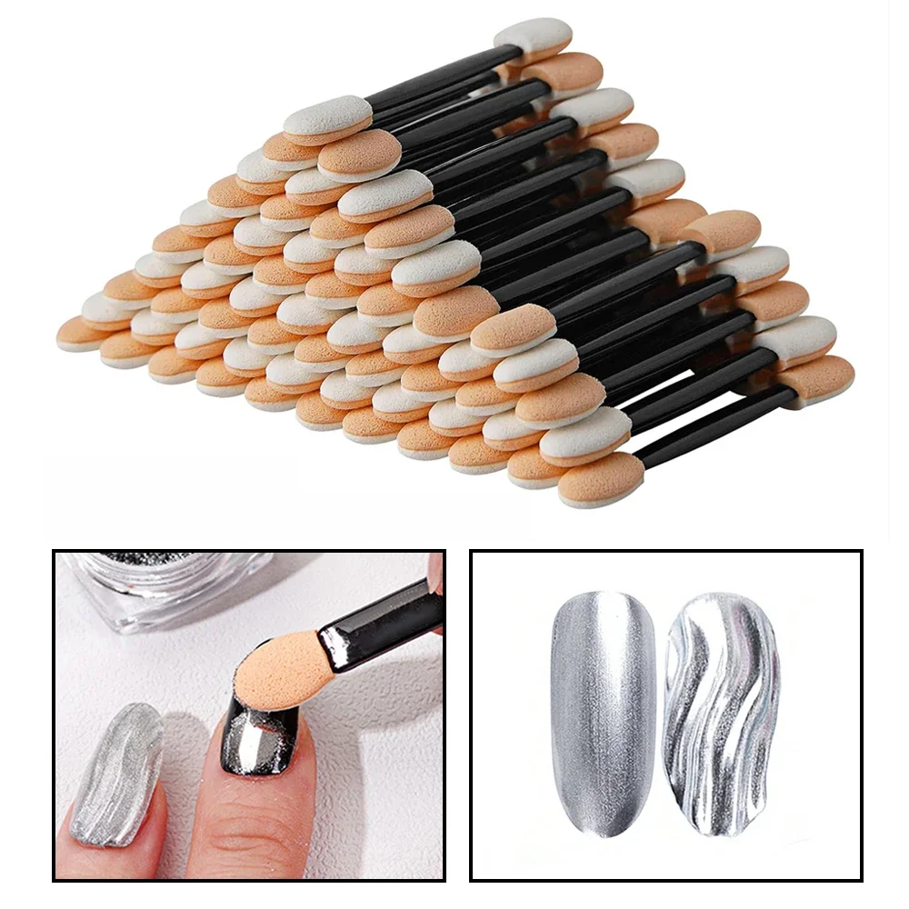 Brosses à poudre pour ongles, 50 pièces/lot, éponge Double face, applicateur miroir, Pigment chromé, bâton éponge facile, outils de maquillage cosmétique