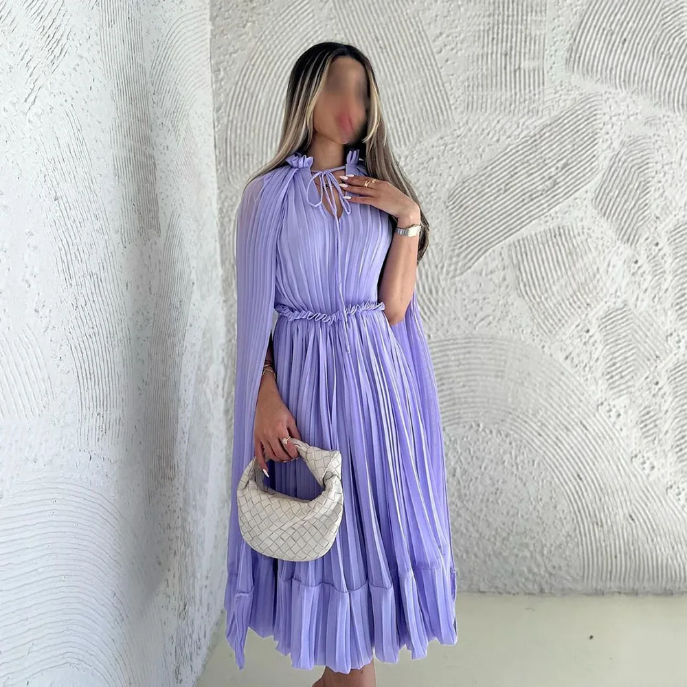 

SoDigne Luxury Lavender Evening Dresses Ruched Prom Dress With Cape Tea Length Saudi Arabia Formal Party Dress Evening Gown