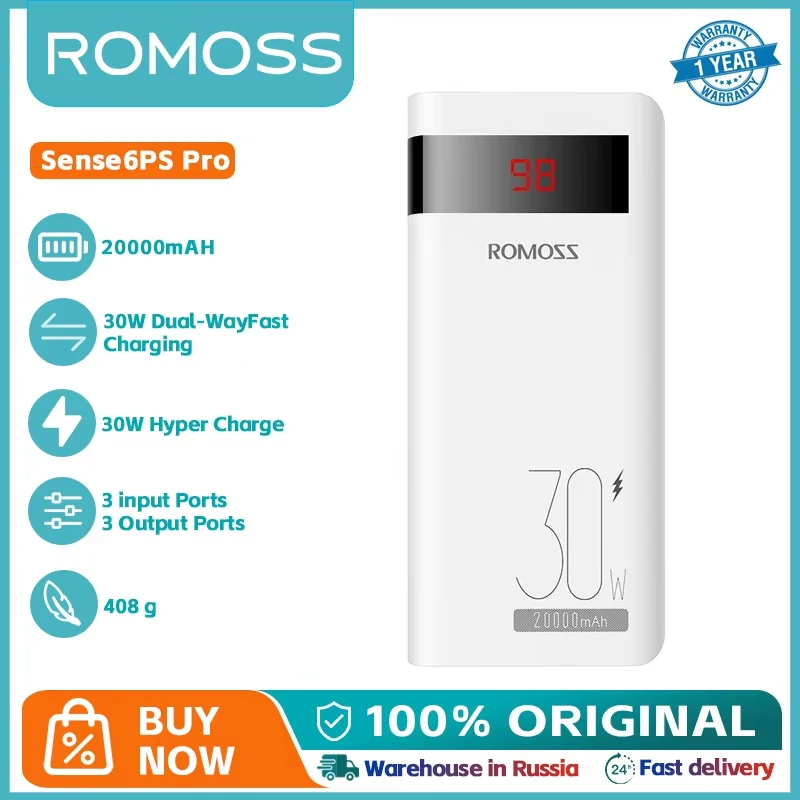 

ROMOSS 20000mAh 30WPD Fast Charging Power Bank Sense6PS PRO Portable External Battery Powerbank for iPhone 15 14 Xiaomi HUAWEI