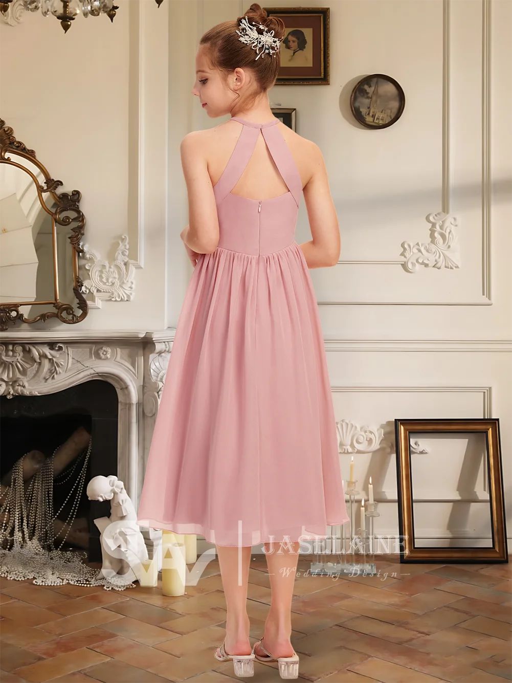 Blush A Line Halter Knee Length Chiffon Junior Bridesmaid Dress Sleeveless Back Zip Flower Girl Dress Wedding Party Formal