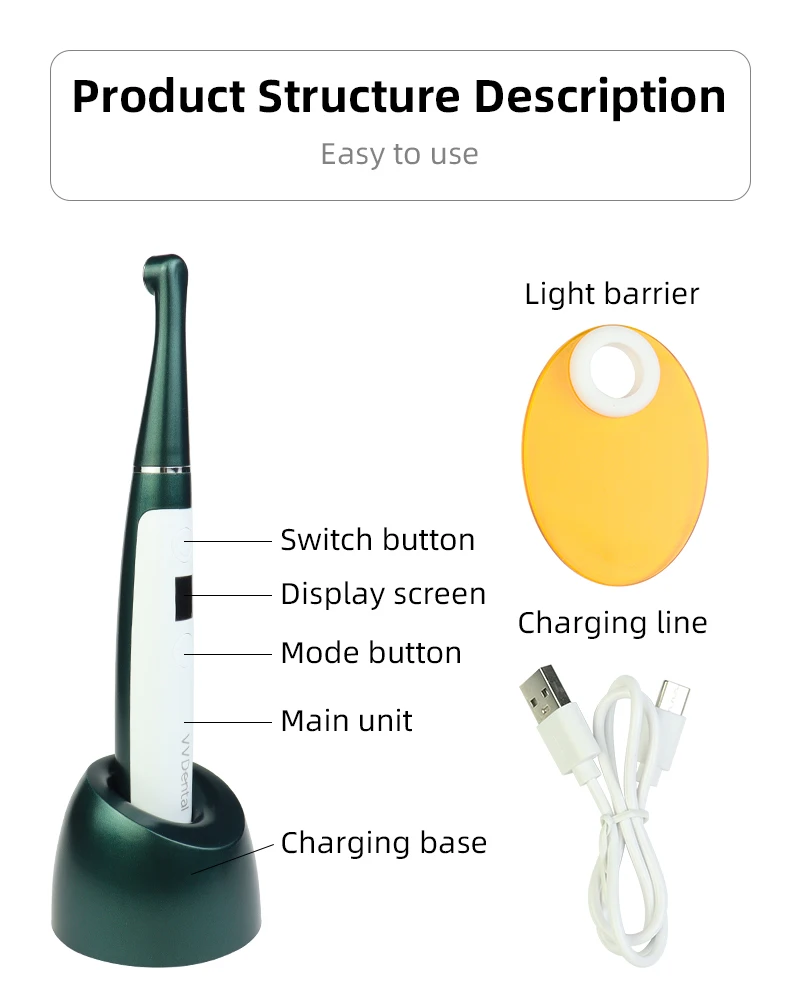 VVDental LED-Härtelampe, kabelloses Harz-Härtungslicht, 1-Sekunden-Härtung, 2500 mW/cm², 10 W, leistungsstarkes Fotopolymer-Dentalmaterial – Detail 9