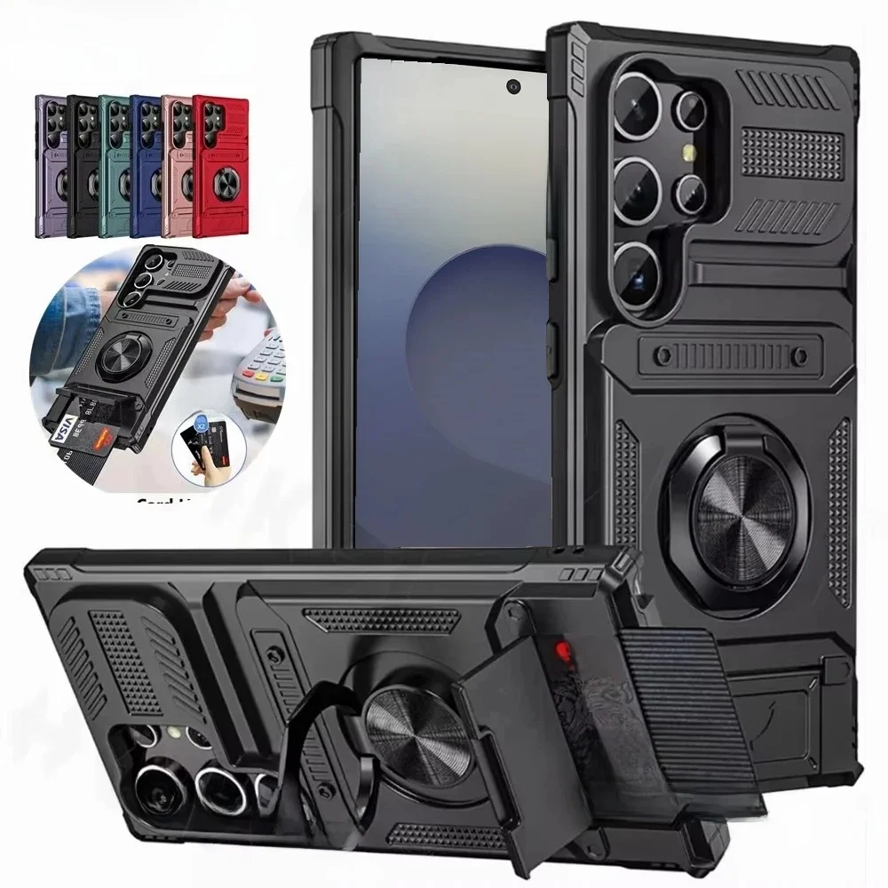 Etui na Samsung Galaxy S26 Ultra S25 Plus S24 A56 A36 A55 z uchwytem na karty, obrotowym pierścieniem, podstawką, warstwowym zabezpieczeniem, wytrzymałe, odporne na wstrząsy, portfel. — zdjęcie produktu 7