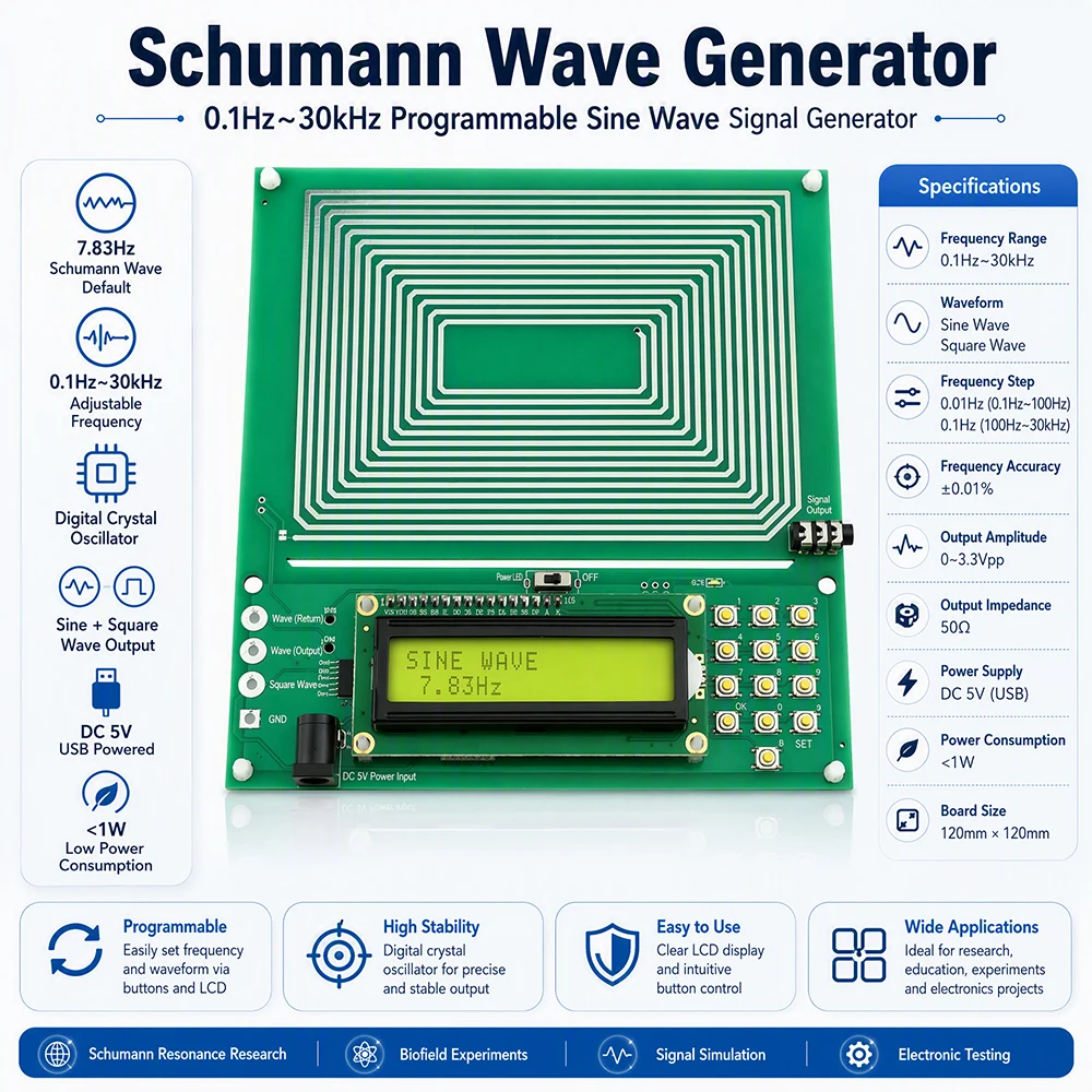 Schumann Wave Generator Pure Sine Wave Signal Generator 0.1Hz-30000Hz Adjustable Frequency 7.83Hz Sine Square Inverted Square Wave DC5V Digital Crystal Oscillator Space Resonance Signal Generating Instrument