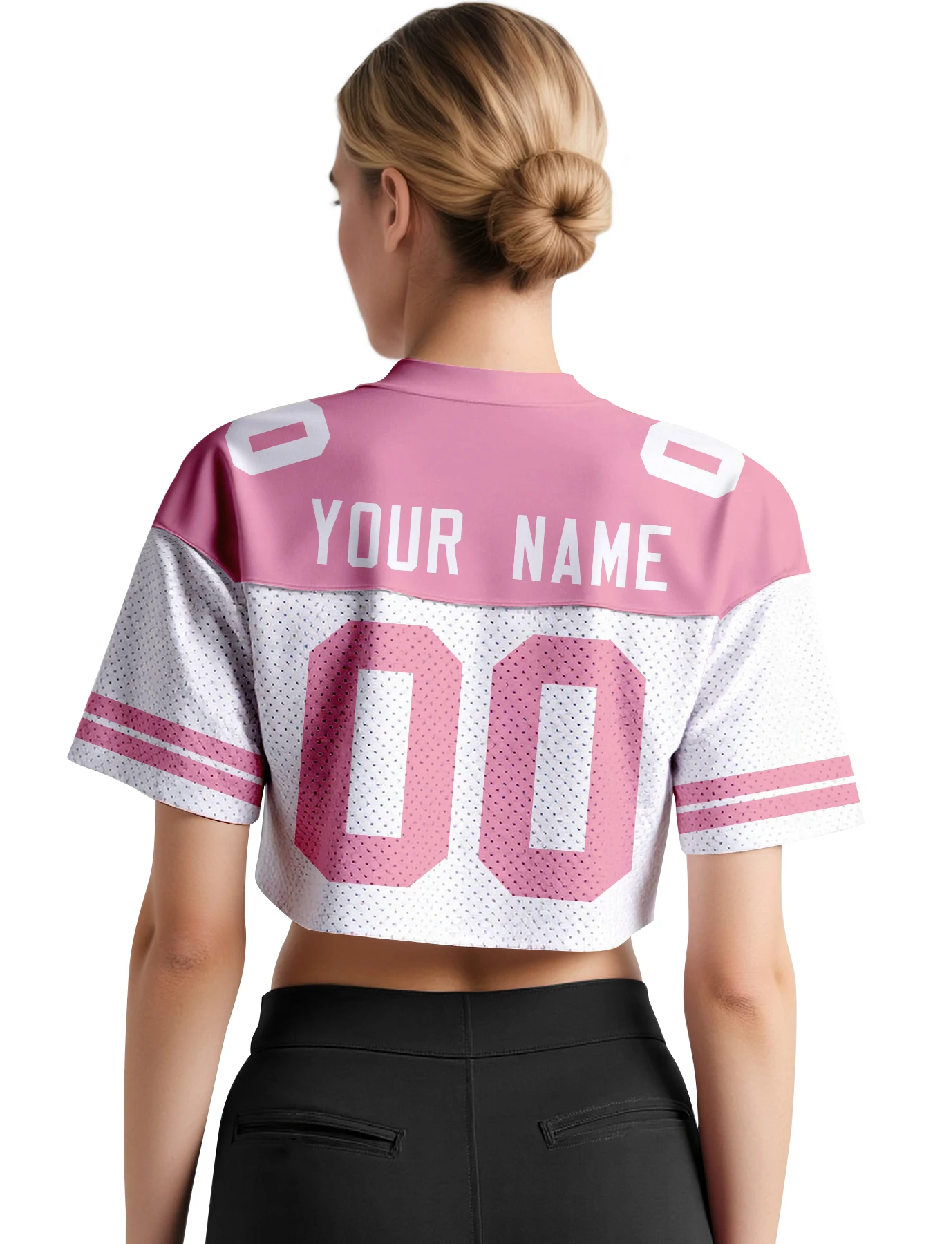 Custom Women Crop Football Jersey Personalized Name Number Pink Cropped Football Shirt Cheerleader Team Fan Top view 2