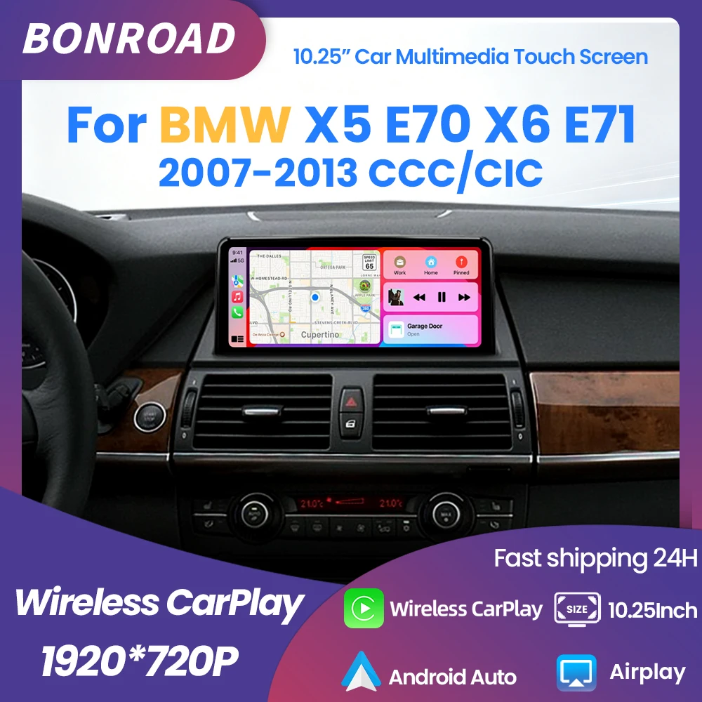 BONROAD, schermo touchscreen da 10,25" con risoluzione 1920x720P, lettore multimediale per auto con CarPlay wireless e Android Auto, compatibile con BMW X5 E70 e X6 E71 (2007-2013), sistema CCC CIC,