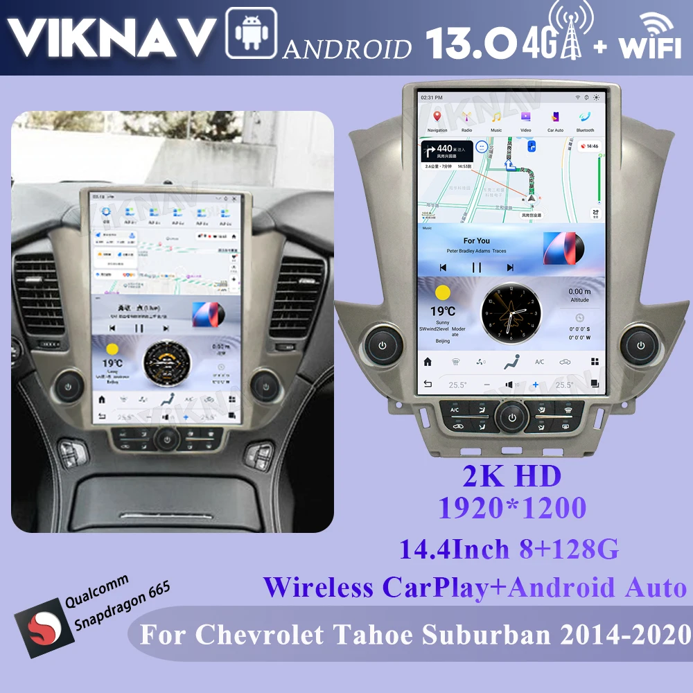 

Viknav Android 14,4-дюймовый автомобильный радиоприемник для Chevrolet Suburban Tahoe GMC Yukon 2014-2020, мультимедийный плеер Carplay с GPS-навигацией