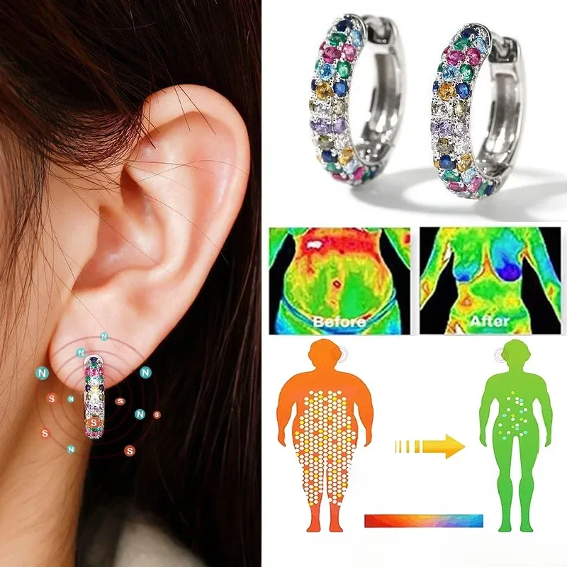 Cristal colorido redondo Hoop brincos, drenagem linfática, moda, magnetoterapia, perda de peso,
