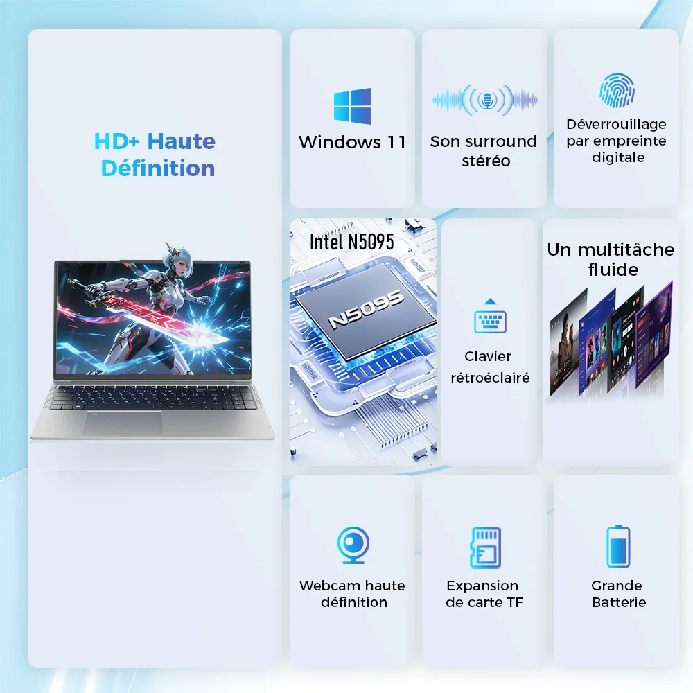 Laptop Laptop Full HD + Intel Celero N5095, 16 Go RAM, 512 Go SSD, Keyboard AZERTY French backlit with digital keypad, fingerprint unlock, Windows 11, WiFi Dual Band, bluetooth, PC Portable ideal for