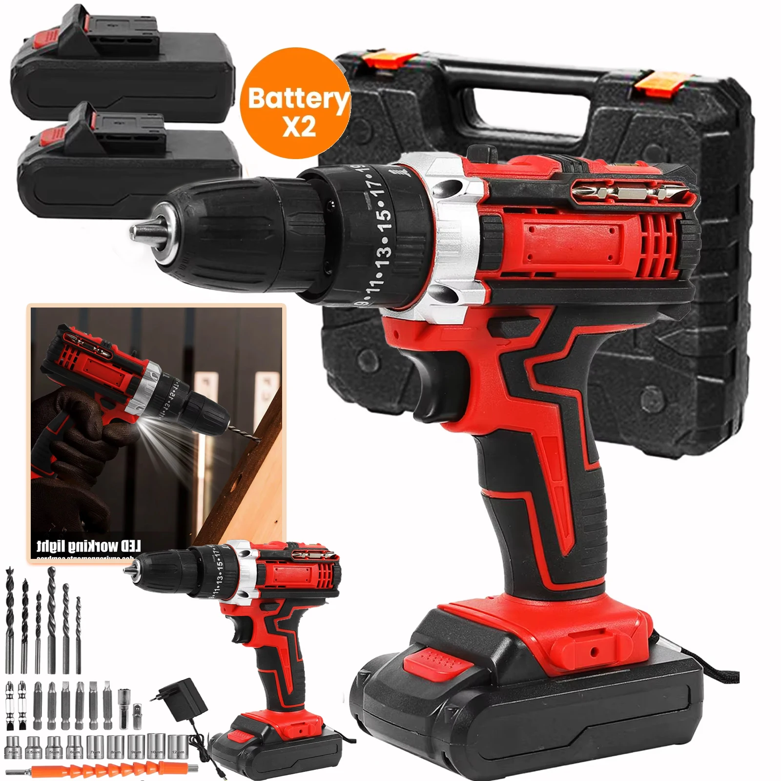 21V Wiredless Impact Drill 32N·m Electric Screwdriver Rechargeable Battery Cordless Hammer Drill 18+1Torque Setting Power Tools