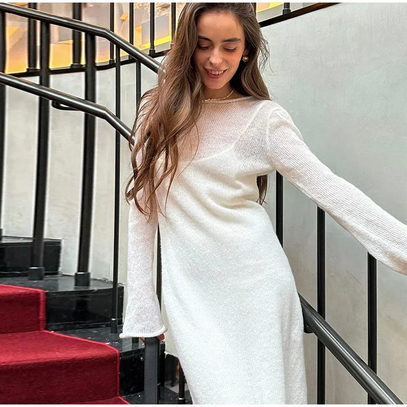 Women Fashion New Round Neck Dress Suit Elegant Solid Color Long Sleeve Sunscreen Cozy Summer Dresses Female Beach Skirt Suit