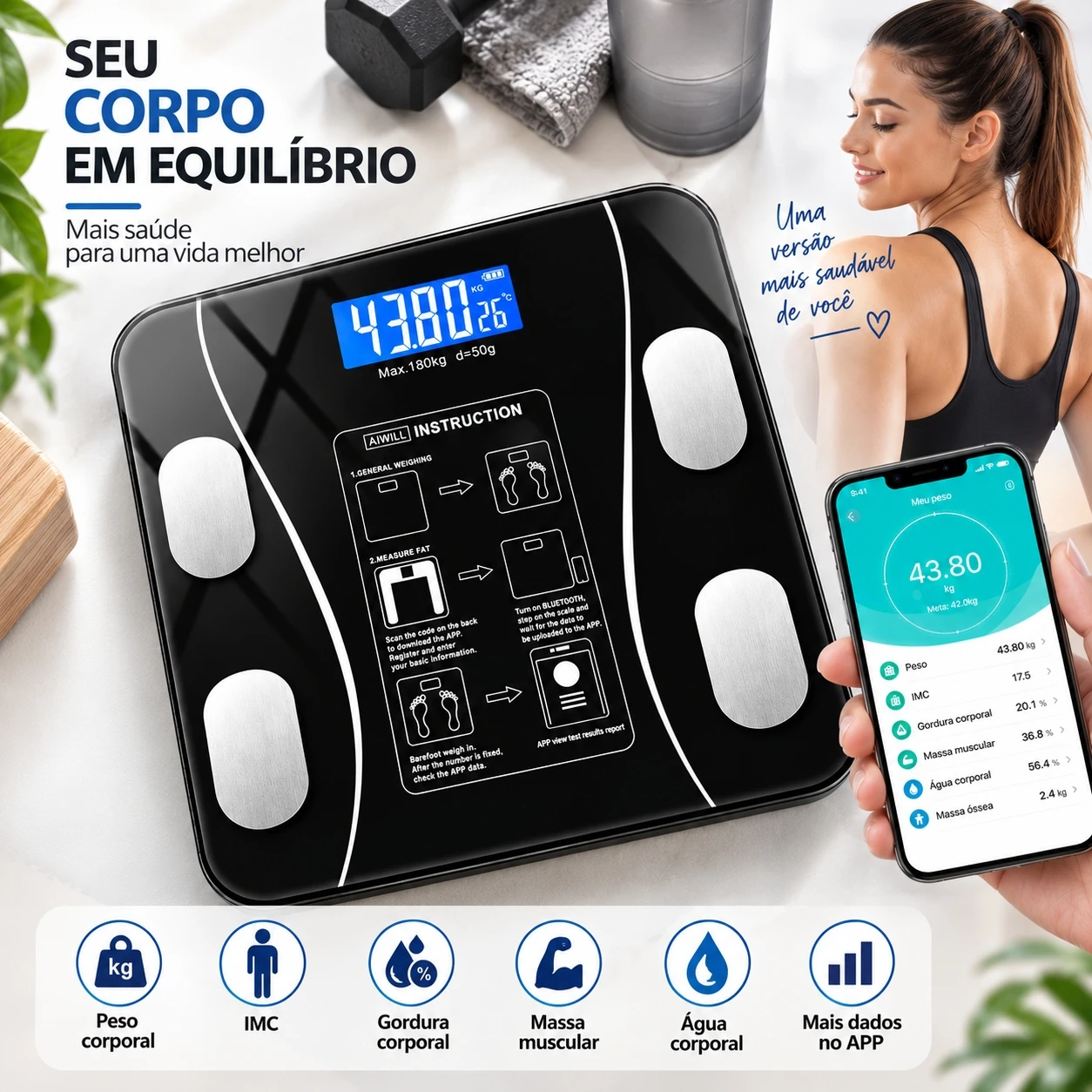 Balança Corporal Digital Profissional com Bioimpedância e Bluetooth, Capacidade 180Kg