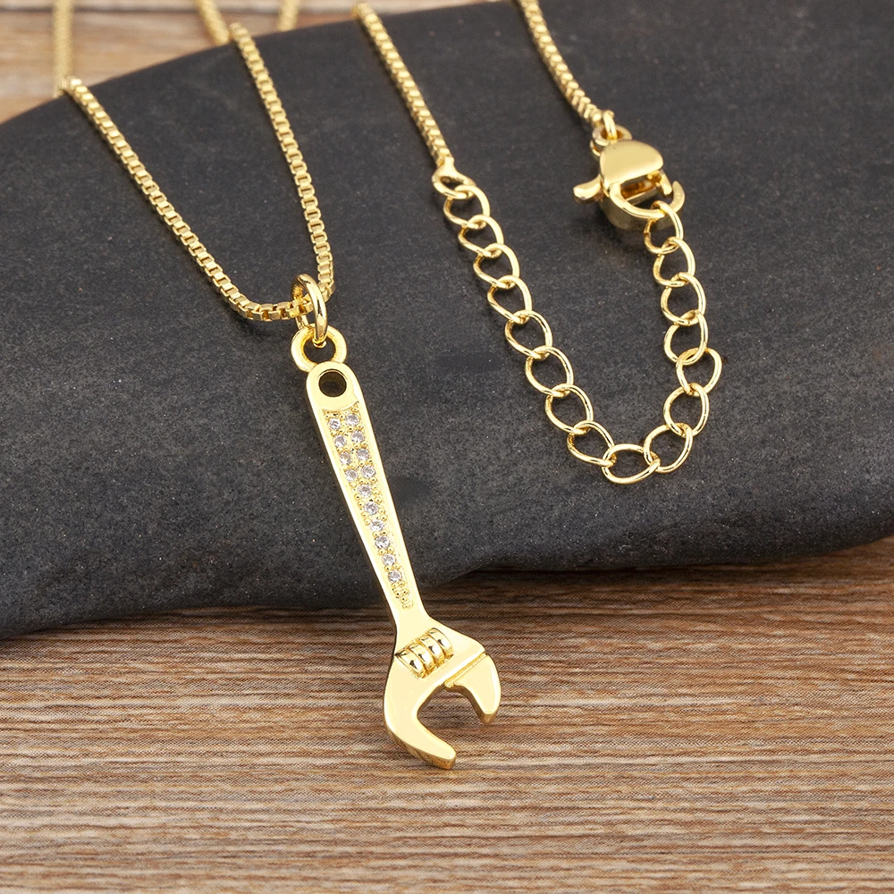 Nidin New Popular Balance Hammer Pliers Shape Charm Pendant Necklace 3 Styles For Women Pave Shiny Crystal Zircon Jewelry Gifts