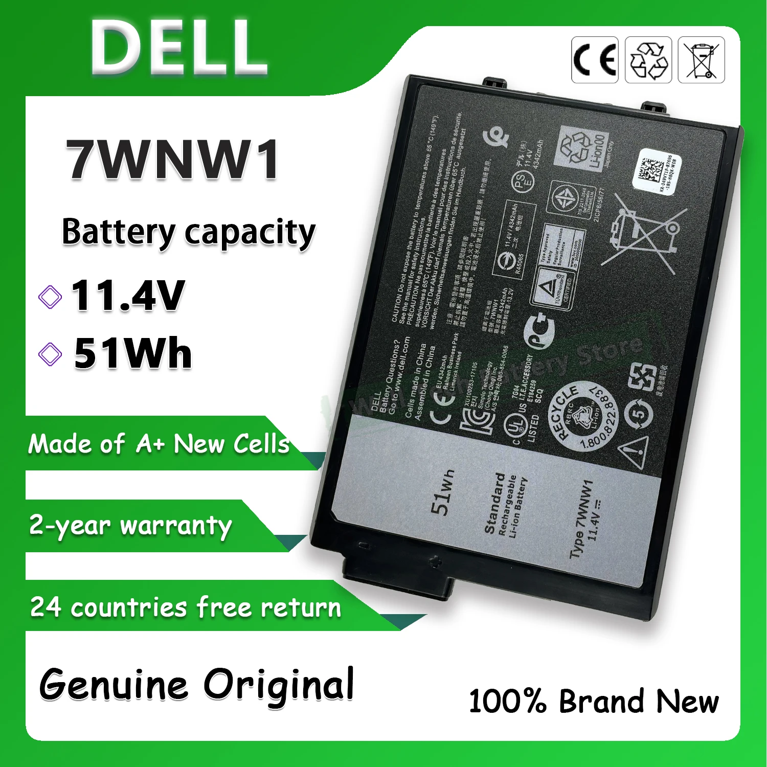 

Original 11.4V 51Wh 7WNW1 DMF8C Laptop Battery For DELL Latitude 7424 5424 5420 Rugged Extreme Series