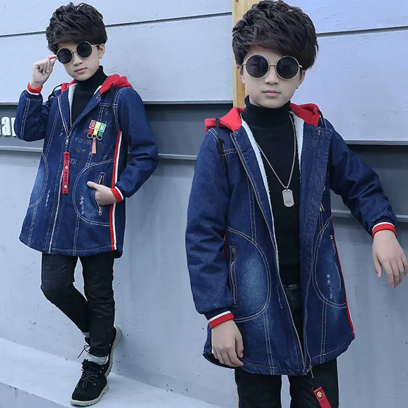 Autumn Winter Boys Girls Thick Denim Long Jackets Trench Coats Hooded Kids Jeans Fleece Outwear Coats Children Windproof Clothes