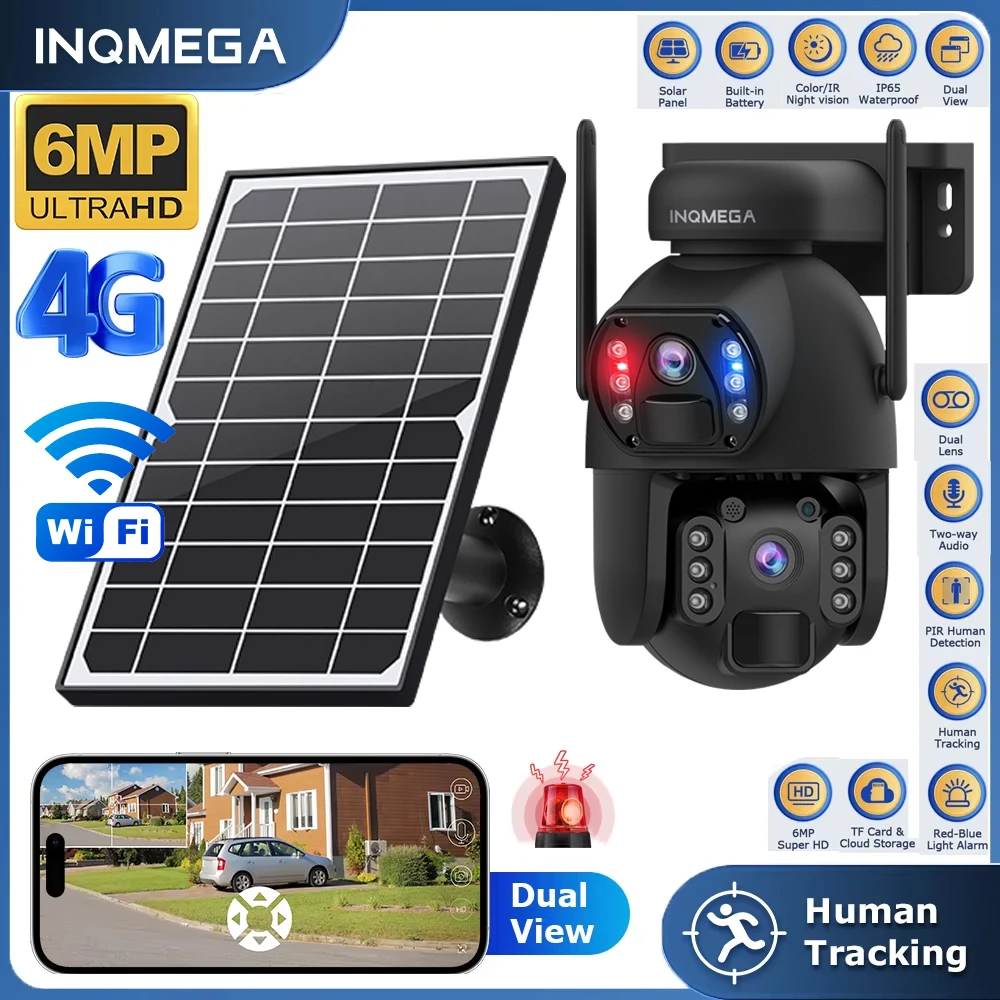 

INQMEGA 6MP 4G Solar Camera Dual PIR Human Detection Auto Tracking Dual Lens Solar Cell PTZ Camera WIFI CCTV Surveillance Camera