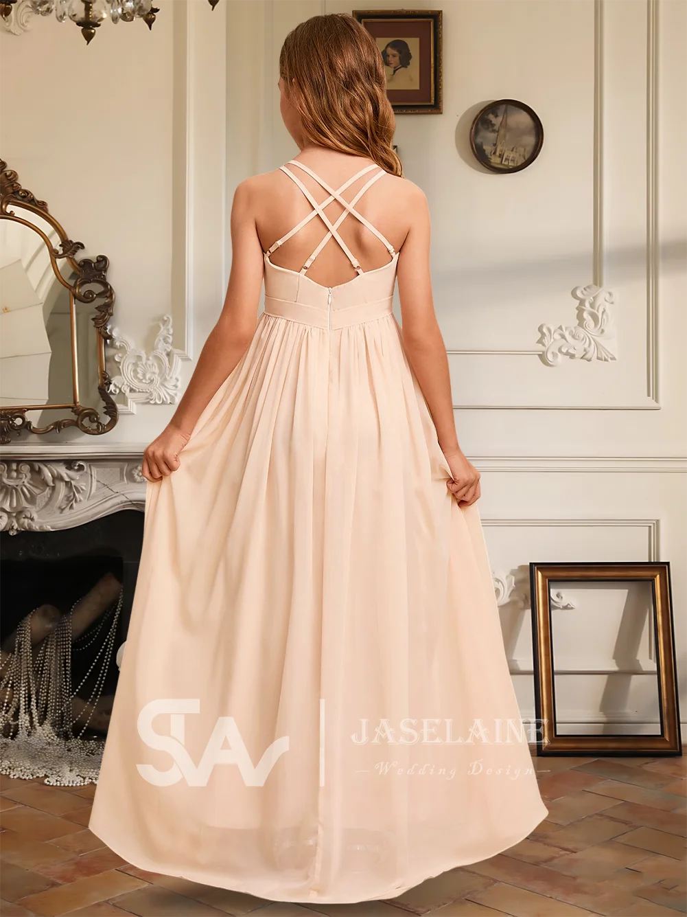 A A-Line V-Neck Floor-Length Chiffon Junior Bridesmaid Dress Flower Girl Dress With Side Slit Crisscross Party Wedding Formal