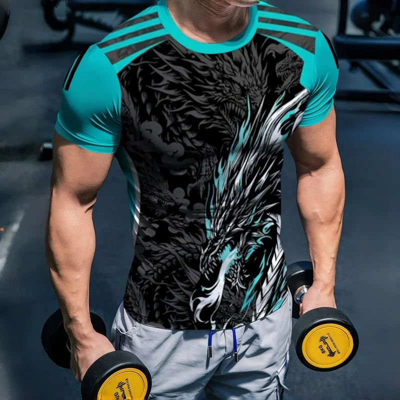 Herren Cyan-Schwarzes Kompressions-T-Shirt mit Chinesischem Drachen-Print, Schnelltrocknend, Kurzarm, für Fitness und Sport