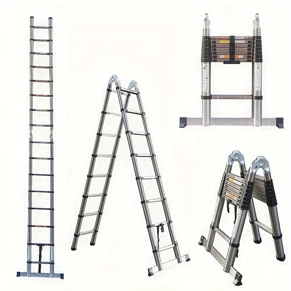 Échelle télescopique en acier inoxydable en forme de A de 3,8 m/5 m, certifiée EN131, échelle articulée robuste avec barre stabilisatrice, conception antidérapante, capacité de charge de 150 kg, pliable en un clic, échelle à marches pour intérieur et extérieur, pour réparation légère, entretien de toitures, de camping-cars et de poteaux.