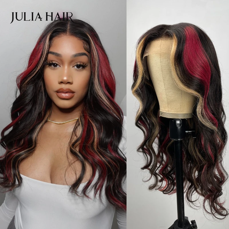 Julia Hair Black with Red & Blonde Highlights  Pre-Plucked 13x4 Lace Frontal Multi Color Highlights Loose Wave Human Hair Wigs