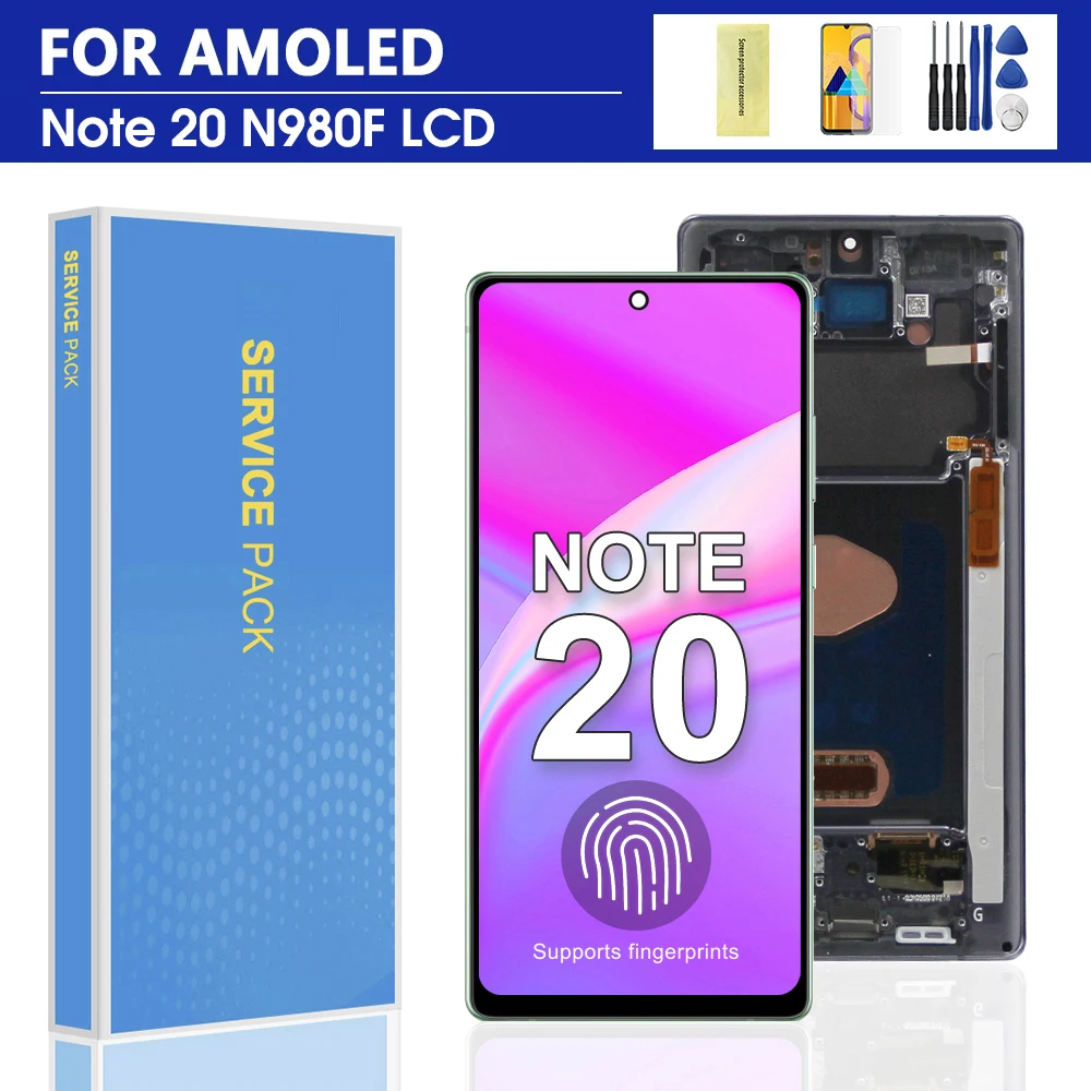 For AMOLED LCD with Frame For Samsung Note 20 Lcd Display Digital Touch Screen Replace For Note20 N980 N980F SN980F/DS Screen