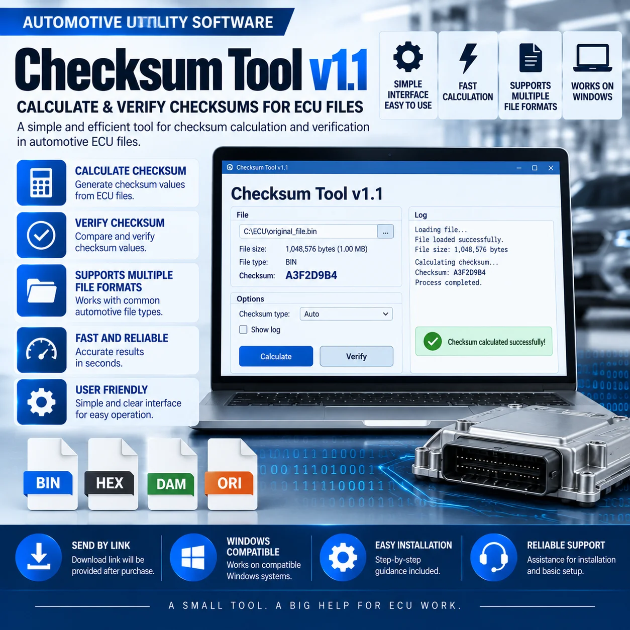Checksum Tool w wersji 1.1 – program do obliczania i weryfikacji sum kontrolnych plików ECU w samochodach.
