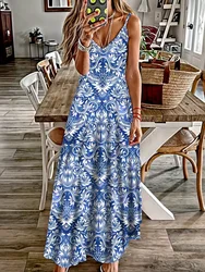 Summer New Blue And White Porcelain Print Sexy And Fashionable V-neck Suspender Dress Friends Party Party Dinner Evening Dress