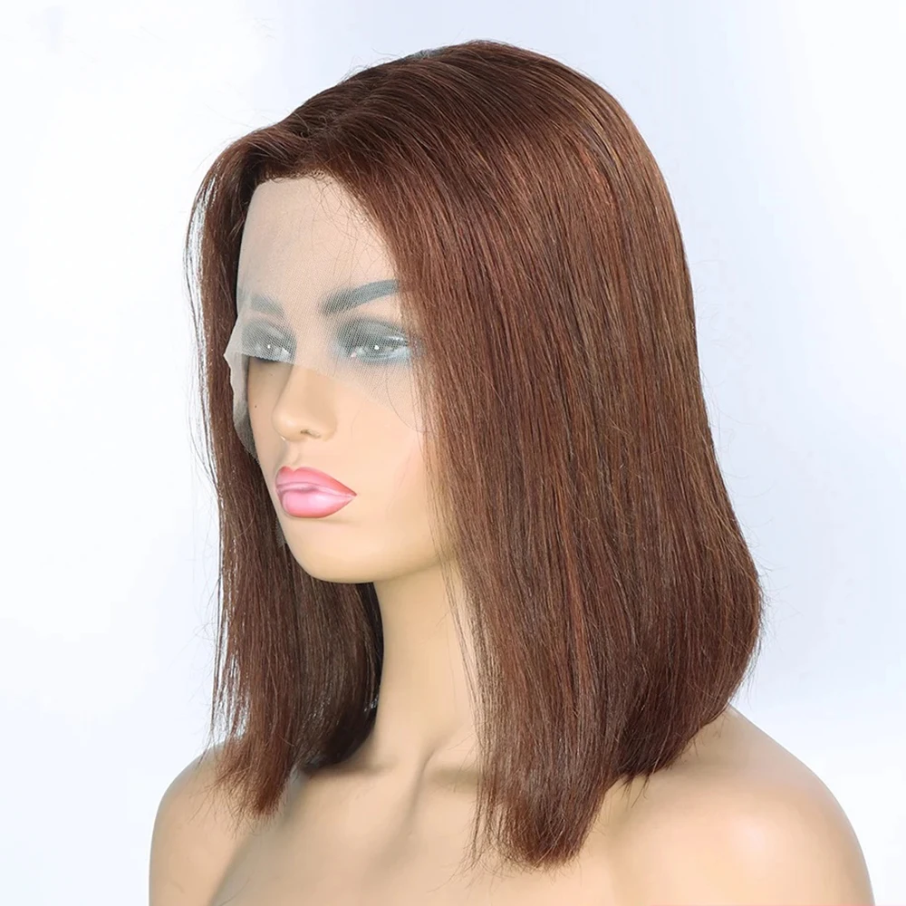 

8-16 дюймов, 220% плотность, шоколадно-коричневый, 13x4 HD, кружевной фронтальный парик, прямой короткий боб, парики из человеческих волос, предварительно выщипанный цветной парик для волос